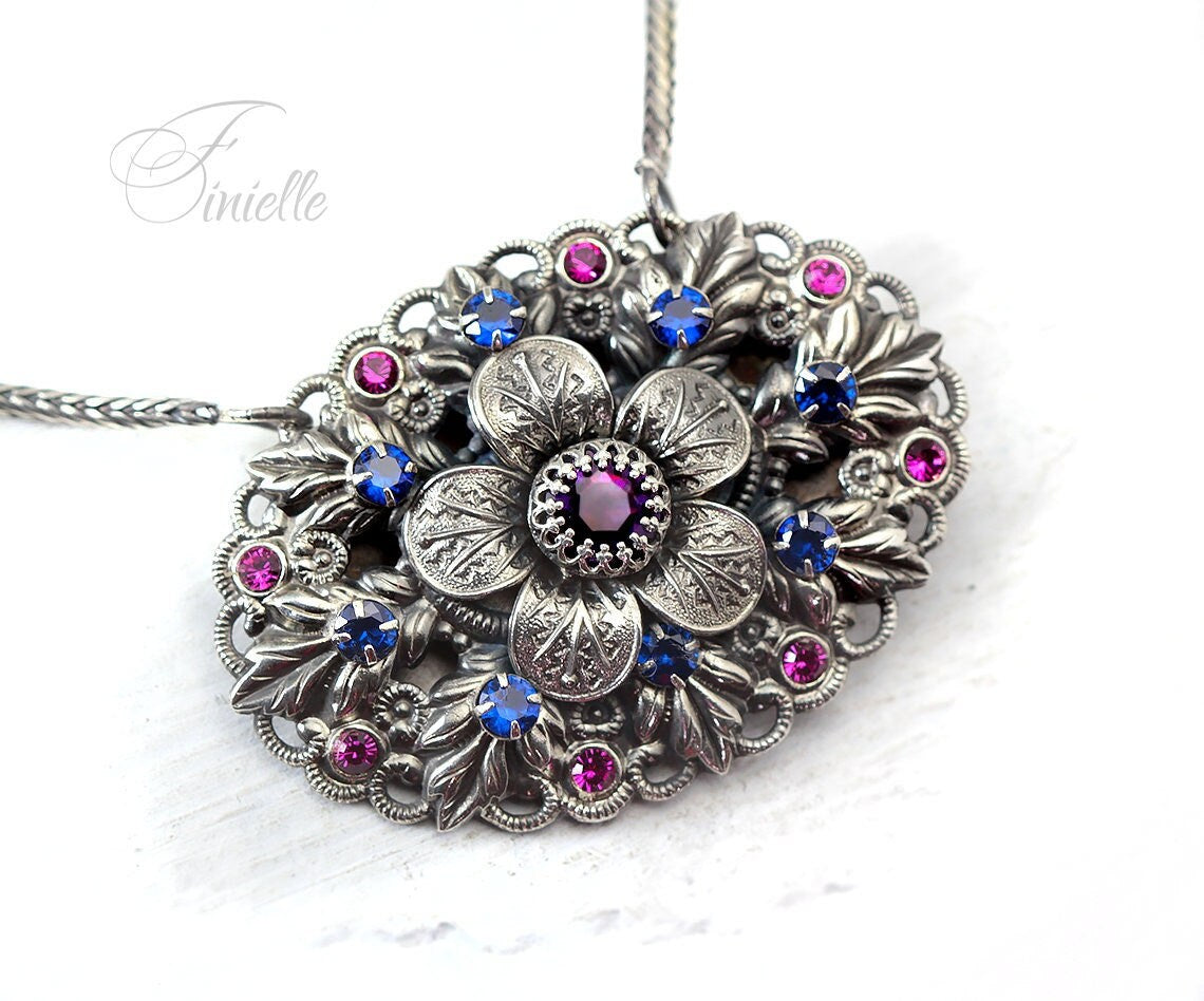 Edwardian Era 1900-1910 Repurposed Brooch, Unique Necklace Pendant, Glass Purple Blue Pink Rhinestone, Antique Silver Plated Jewellery