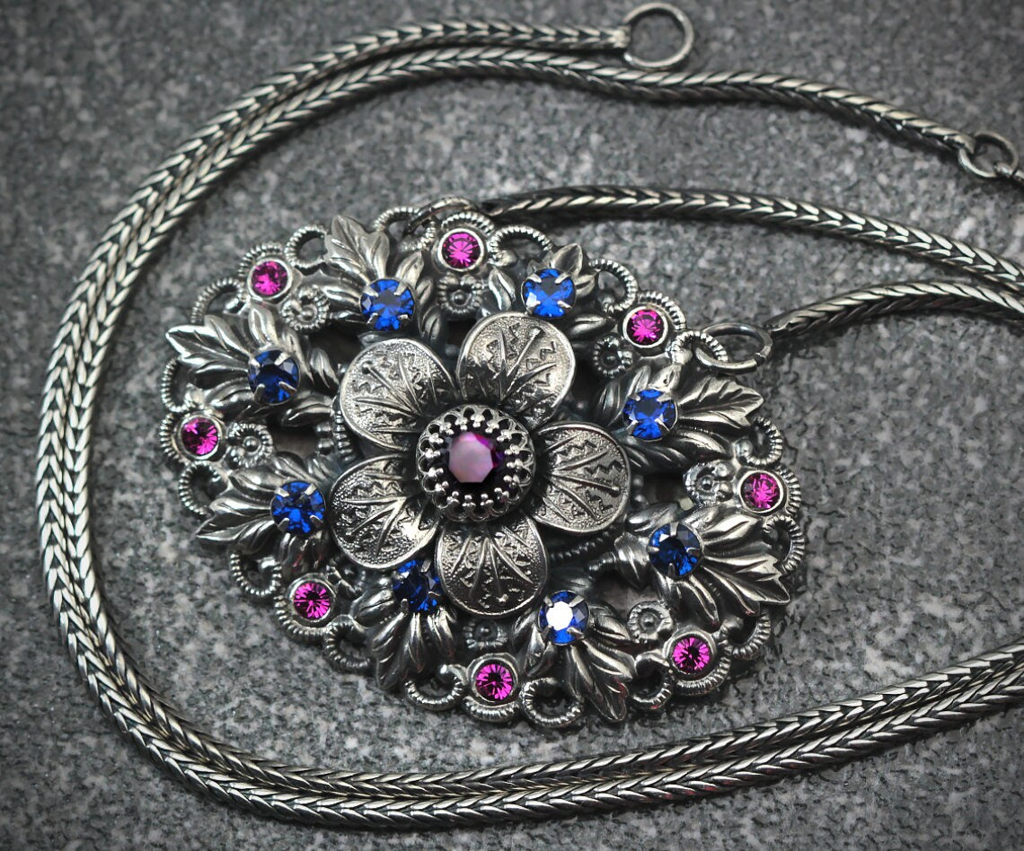 Edwardian Era 1900-1910 Repurposed Brooch, Unique Necklace Pendant, Glass Purple Blue Pink Rhinestone, Antique Silver Plated Jewellery