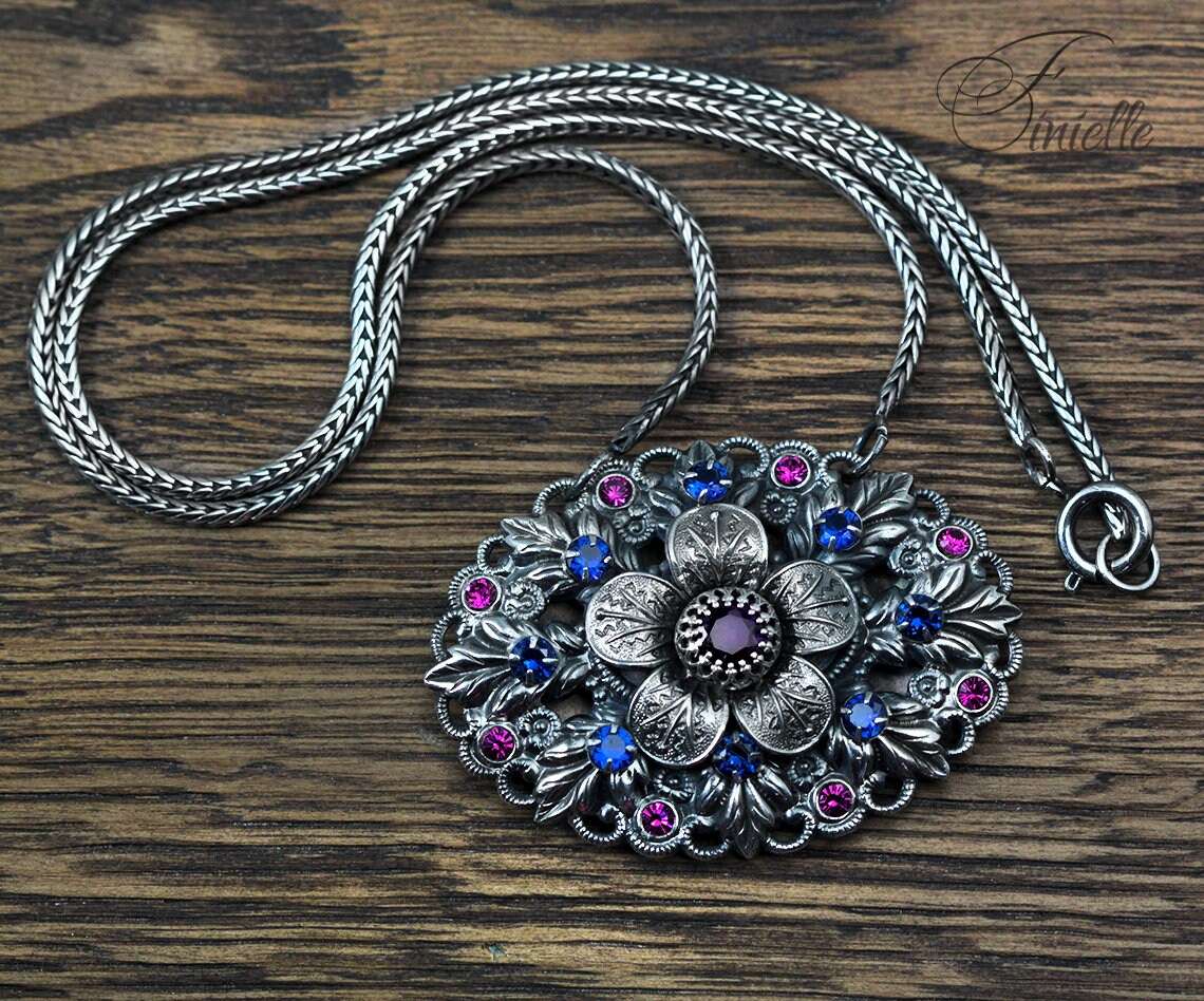 Edwardian Era 1900-1910 Repurposed Brooch, Unique Necklace Pendant, Glass Purple Blue Pink Rhinestone, Antique Silver Plated Jewellery