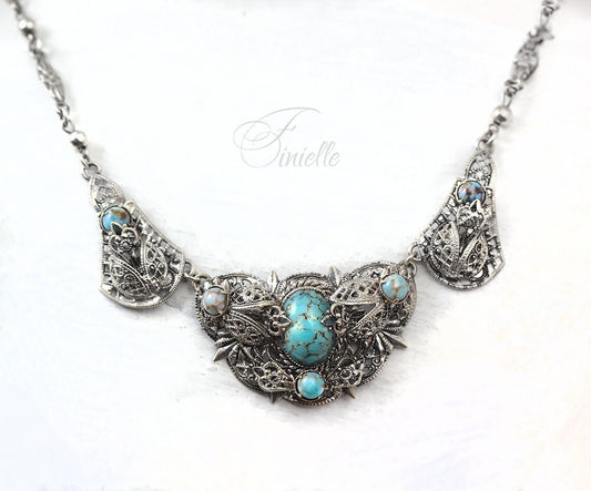 Art Deco 1920-1930's, Vintage Jewellery Antique Silver Plate, Czech Bohemian Blue Glass Turquoise Filigree Necklace, Jewelry Gift for Women