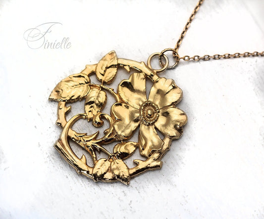 Unique Vintage Floral Button Pendant Necklace, Edwardian Era 1900-1910, Repurposed One, Antique 24K Gold Plated, Gift for Women