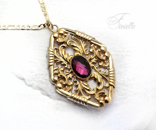 Vintage Czech 1930's Art Deco Ornate Necklace, Purple Rhinestone, 24K Antique Gold Plated Pendant and Chain, Unique Gift for Women