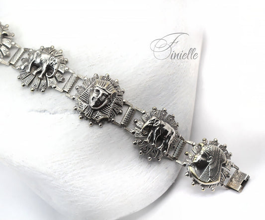 Unique Vintage 1940's Egyptian Revival Style Panel Bracelet, Silver Plated, Souvenir Bracelet, Silver Tone Jewelry Jewellery, Gift for Women