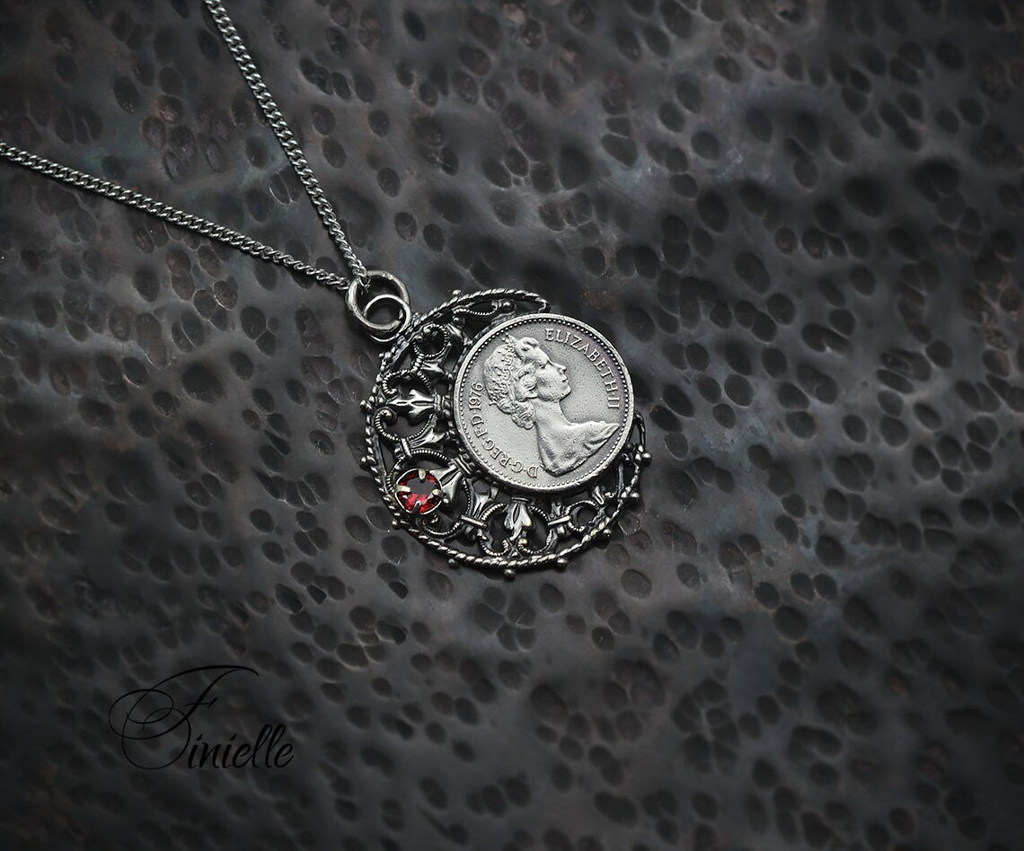 Vintage 1976 Lucky Half Penny Coin Charm Pendant Necklace, Antique Silver Plate, Sterling Silver 18" Curb Chain, Unique Birthday Gift