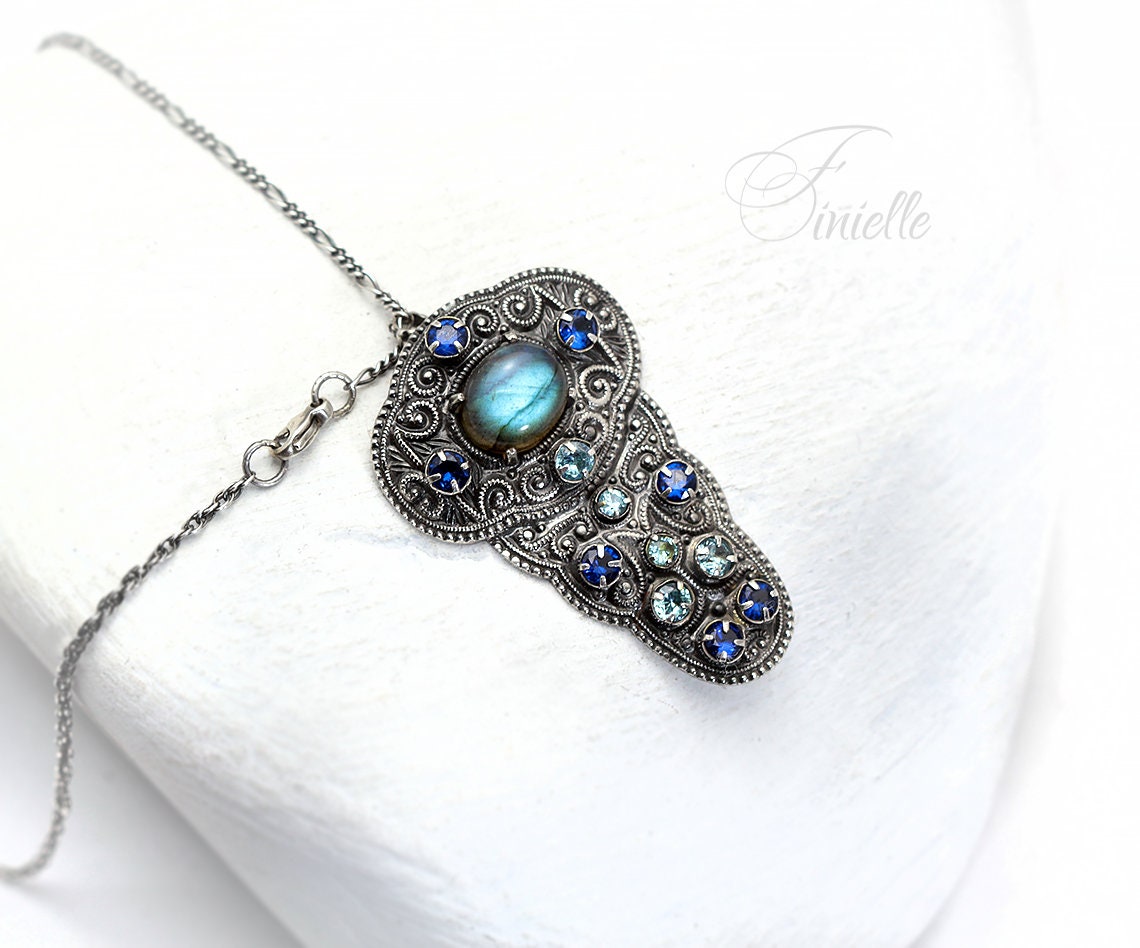 Art Deco 1915-1930's Unique Necklace Pendant, Vintage Repurposed One, Blue Labradorite, Cubic Zirconia, Antique Silver Plated, Unique Gift