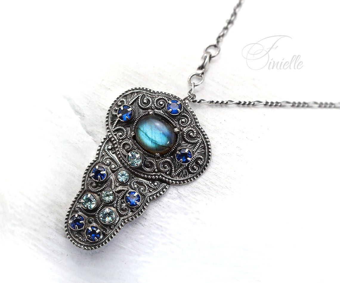 Art Deco 1915-1930's Unique Necklace Pendant, Vintage Repurposed One, Blue Labradorite, Cubic Zirconia, Antique Silver Plated, Unique Gift