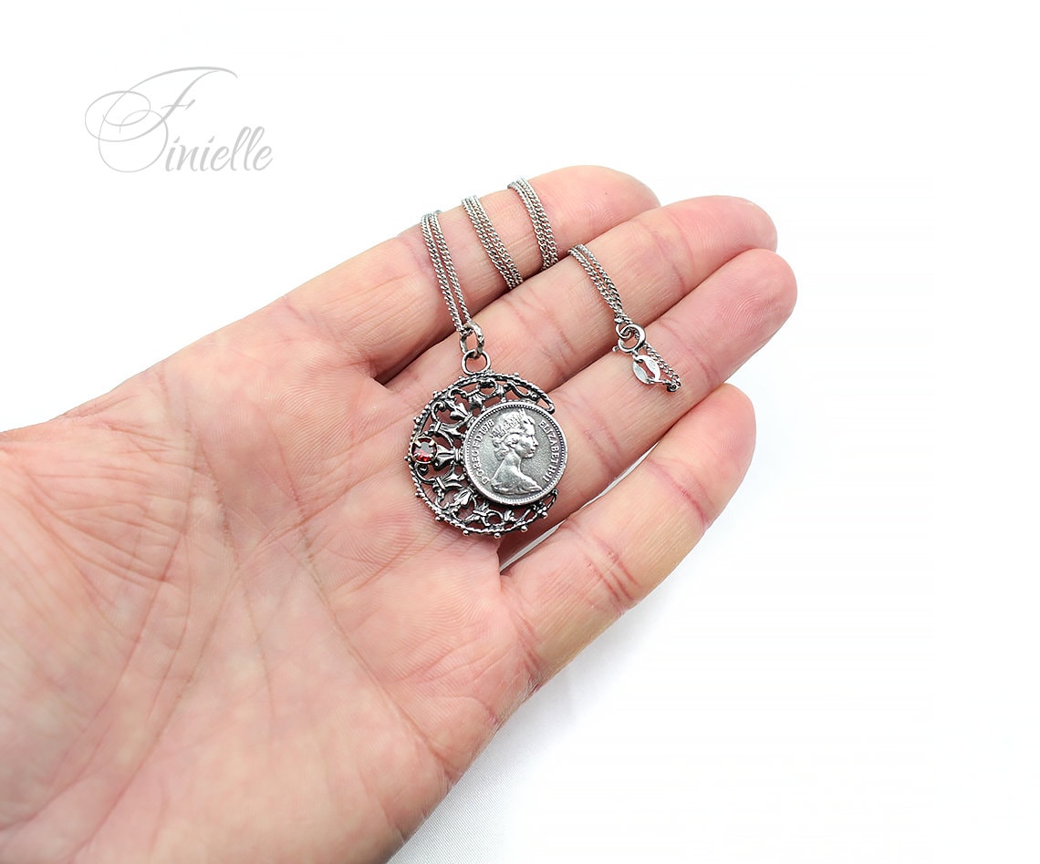 Vintage 1976 Lucky Half Penny Coin Charm Pendant Necklace, Antique Silver Plate, Sterling Silver 18" Curb Chain, Unique Birthday Gift