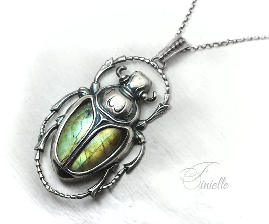 Art Deco Vintage style Egyptian Scarab Pendant Necklace, Antique Silver Plated, Gold Green Labradorite, Sterling Silver Chain, Unique Gift