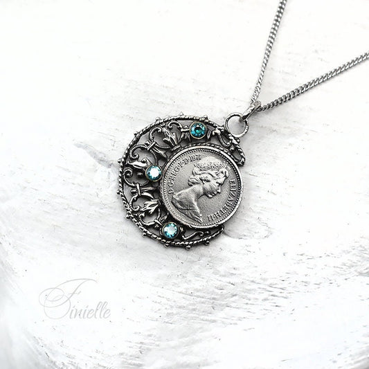 Vintage 1971 Lucky Half Penny Coin Charm Pendant Necklace | Antique Silver Plate | Sterling Silver Chain | Unique Birthday Gift