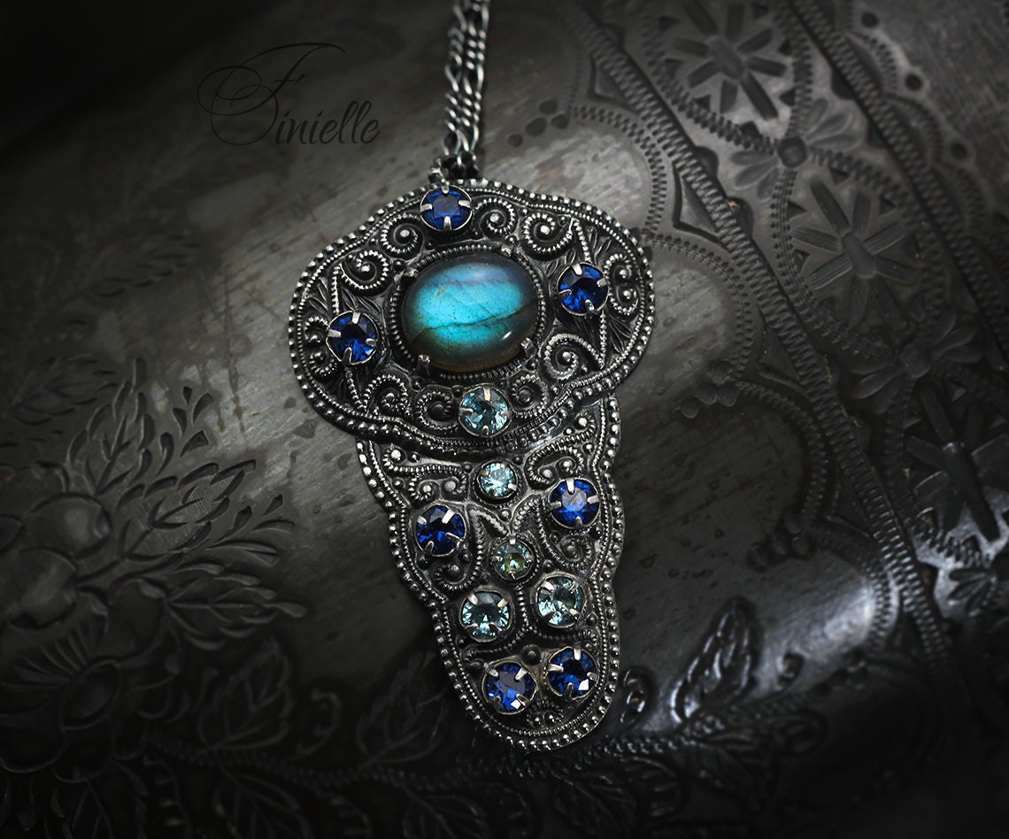 Art Deco 1915-1930's Unique Necklace Pendant, Vintage Repurposed One, Blue Labradorite, Cubic Zirconia, Antique Silver Plated, Unique Gift