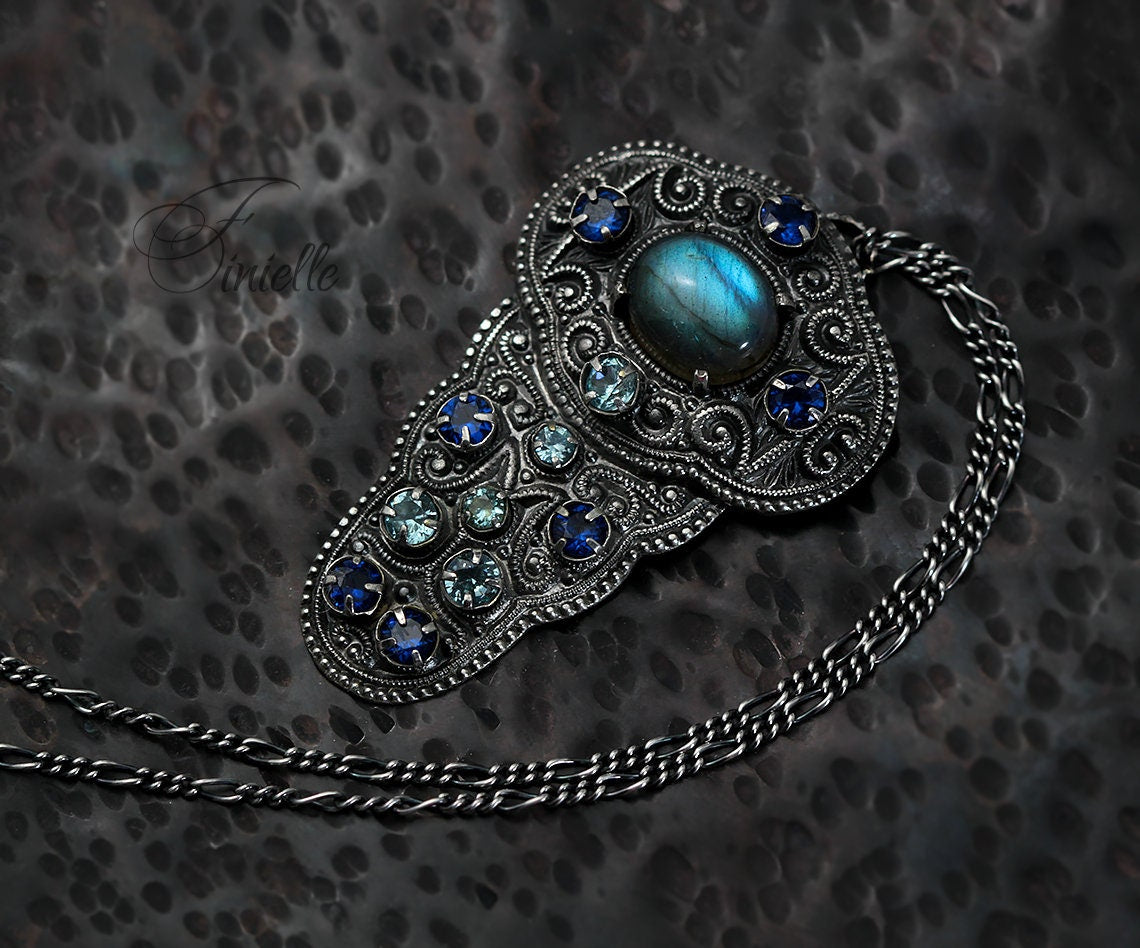 Art Deco 1915-1930's Unique Necklace Pendant, Vintage Repurposed One, Blue Labradorite, Cubic Zirconia, Antique Silver Plated, Unique Gift