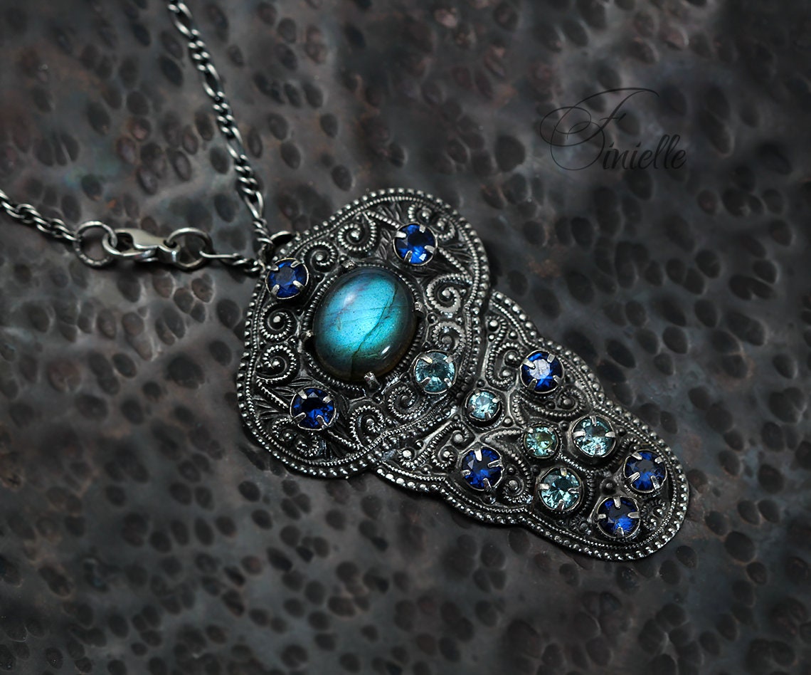 Art Deco 1915-1930's Unique Necklace Pendant, Vintage Repurposed One, Blue Labradorite, Cubic Zirconia, Antique Silver Plated, Unique Gift