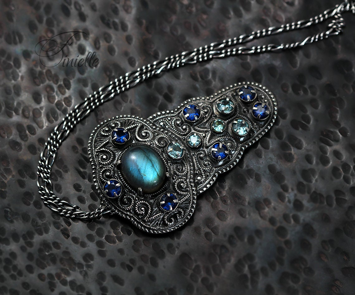 Art Deco 1915-1930's Unique Necklace Pendant, Vintage Repurposed One, Blue Labradorite, Cubic Zirconia, Antique Silver Plated, Unique Gift