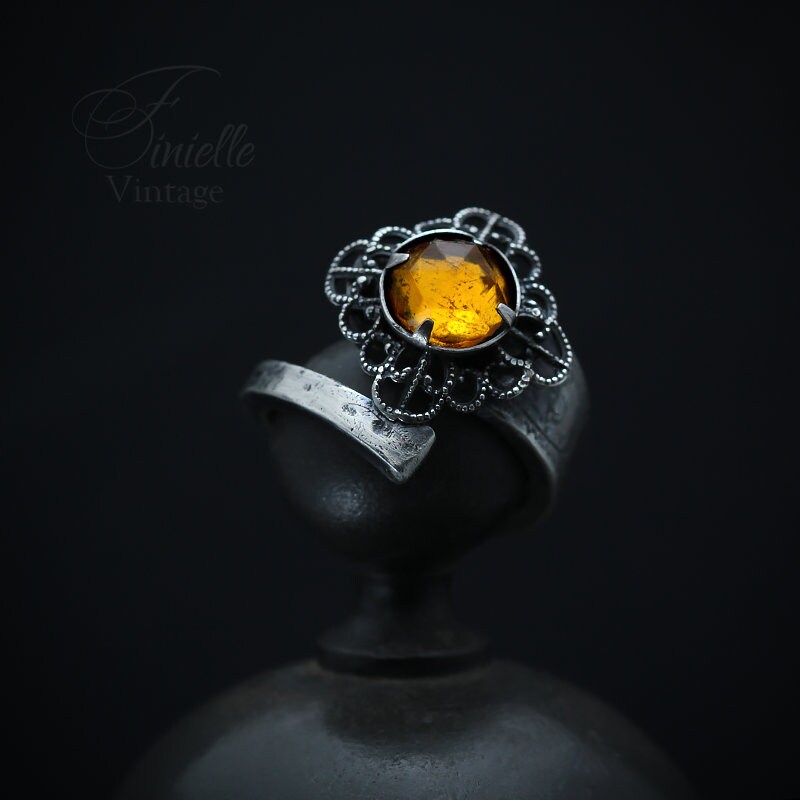 Vintage, Silver Plated Floral Ornate Spoon Ring, Yellow Vintage Glass Rhinestone, Antique Gothic Style Jewellery, Unique Gift for Women