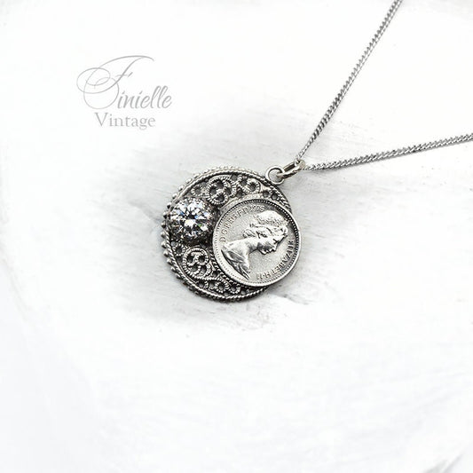 Vintage 1975 Lucky Half Penny Coin Charm Pendant Necklace | Antique Silver Plate | Sterling Silver Chain | Unique Birthday Gift