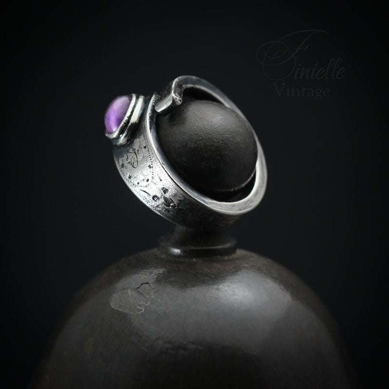 Vintage, Silver Plated Floral Ornate Spoon Ring, Moonglow Bohemian Purple Glass, Antique Style Jewelry Jewellery, Unique Gift for Women