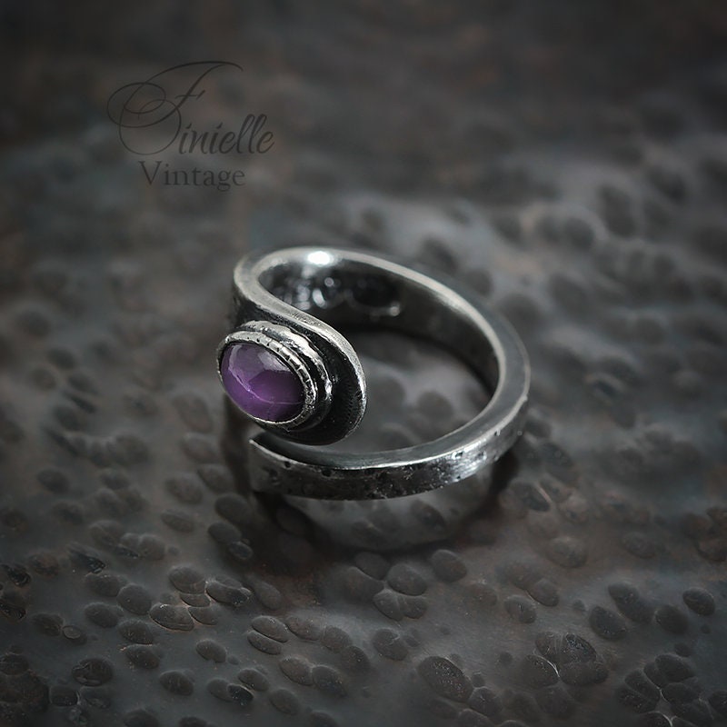 Vintage, Silver Plated Floral Ornate Spoon Ring, Moonglow Bohemian Purple Glass, Antique Style Jewelry Jewellery, Unique Gift for Women