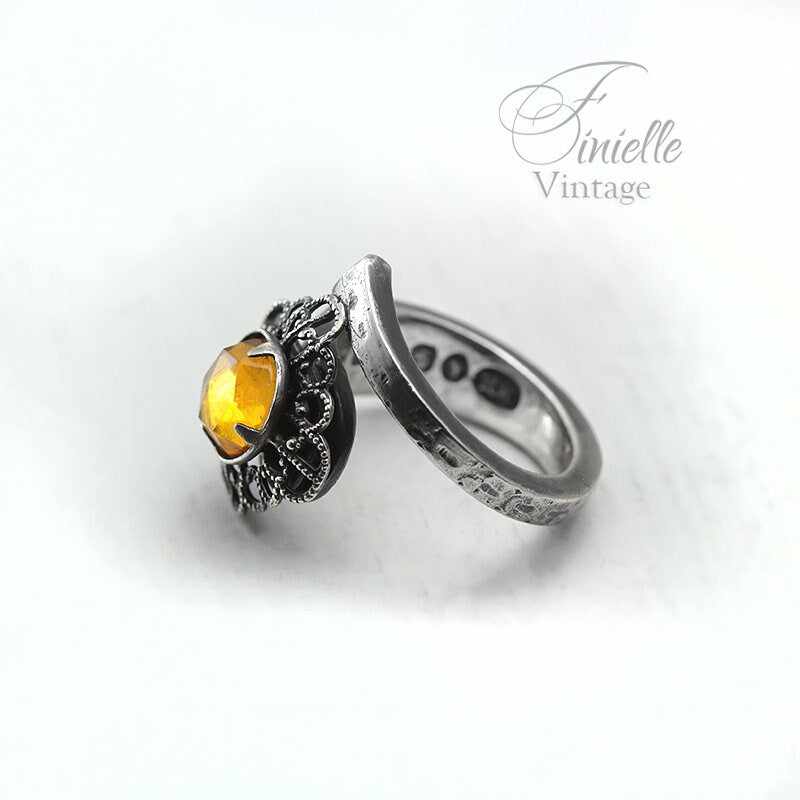 Vintage, Silver Plated Floral Ornate Spoon Ring, Yellow Vintage Glass Rhinestone, Antique Gothic Style Jewellery, Unique Gift for Women