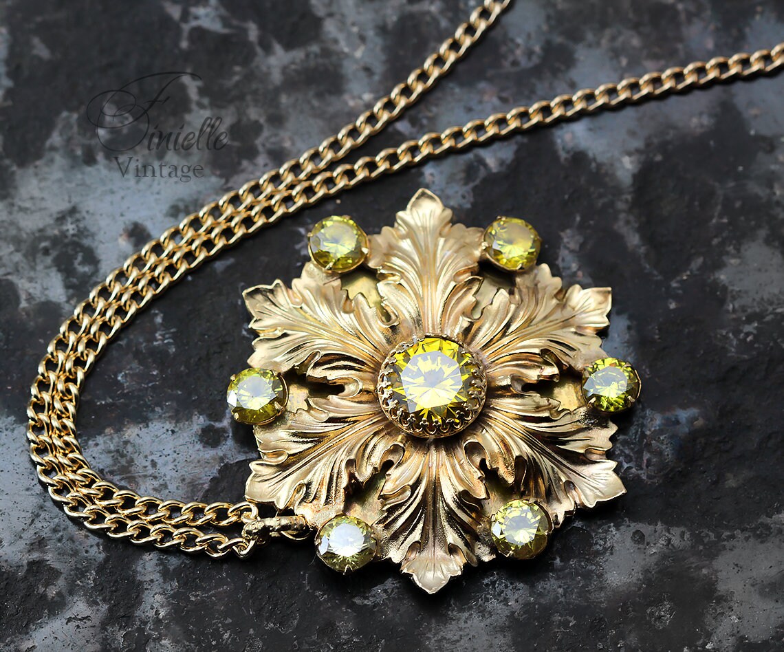 Vintage Czech 1915-1935 Art Deco Floral Necklace, Yellow Cubic Zirconia, 24K Antique Gold Plated Pendant and Chain, Unique Gift for Women