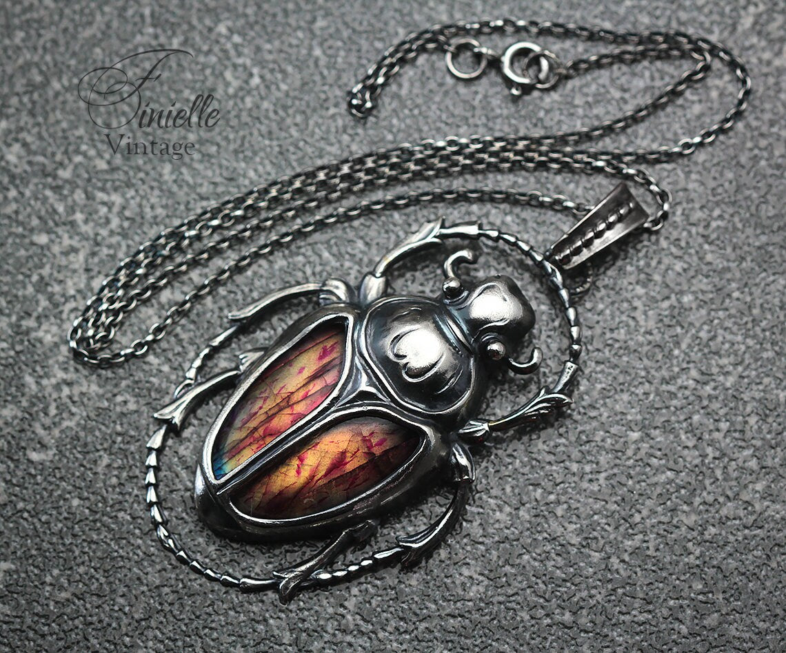 Art Deco Vintage style Egyptian Scarab Pendant Necklace, Antique Silver Plated, Redish Labradorite, Sterling Silver Chain, Unique Gift