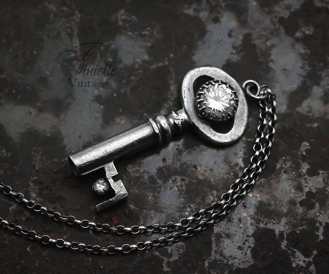 Unique Antique Victorian / Edwardian Key Necklace, Antique Silver Plated Pendant, Sterling Silver 18" Rolo Chain, Gothic Vintage Jewelry