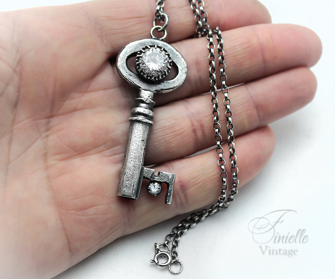 Unique Antique Victorian / Edwardian Key Necklace, Antique Silver Plated Pendant, Sterling Silver 18" Rolo Chain, Gothic Vintage Jewelry