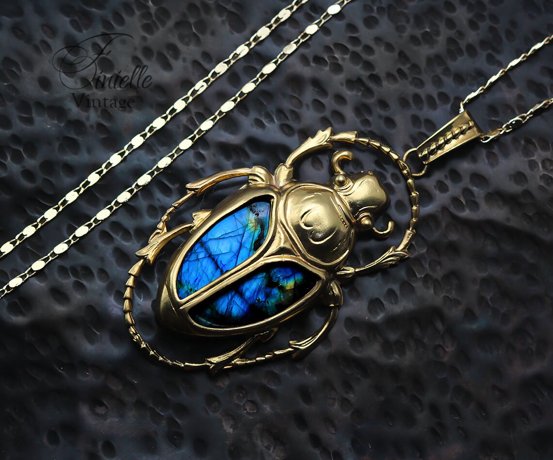 Art Deco Vintage style Egyptian Scarab Large Pendant Necklace, Antique 24k Yellow Gold Plated, Royal Blue Labradorite, Unique Gift