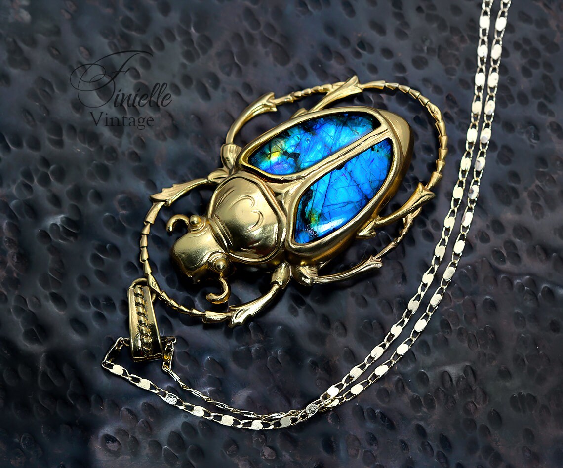 Art Deco Vintage style Egyptian Scarab Large Pendant Necklace, Antique 24k Yellow Gold Plated, Royal Blue Labradorite, Unique Gift