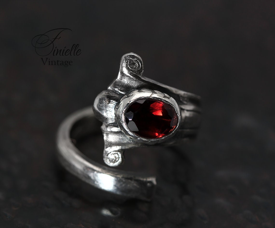 Vintage, Silver Plate Ornate Spoon Ring, Natural Mozambique Red Garnet, Antique Style Jewelry Jewellery, Handmade, Unique Gift for Women