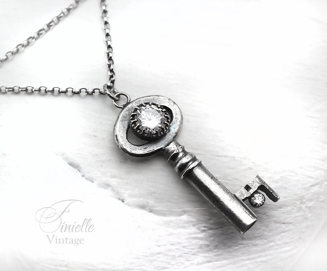 Unique Antique Victorian / Edwardian Key Necklace, Antique Silver Plated Pendant, Sterling Silver 18" Rolo Chain, Gothic Vintage Jewelry