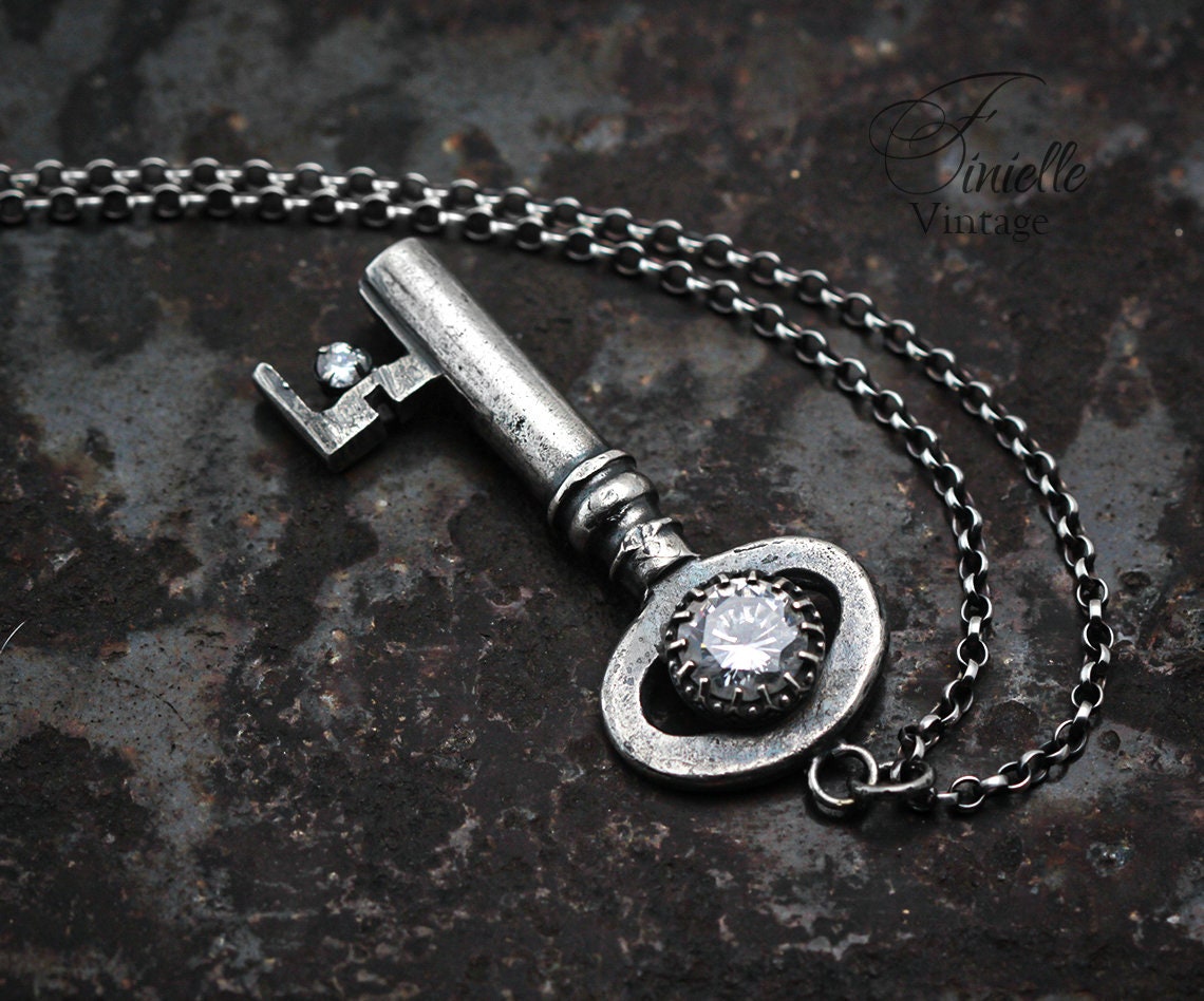 Unique Antique Victorian / Edwardian Key Necklace, Antique Silver Plated Pendant, Sterling Silver 18" Rolo Chain, Gothic Vintage Jewelry