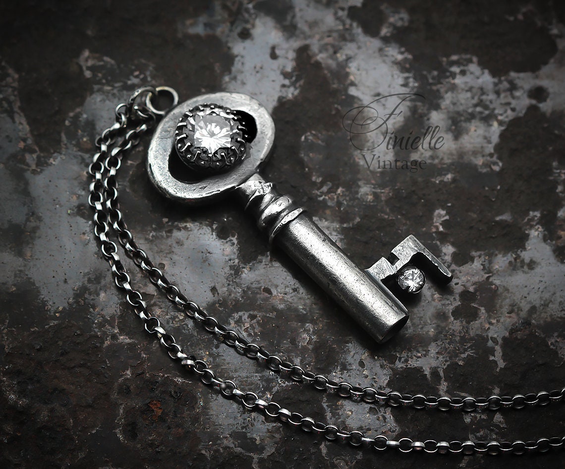 Unique Antique Victorian / Edwardian Key Necklace, Antique Silver Plated Pendant, Sterling Silver 18" Rolo Chain, Gothic Vintage Jewelry