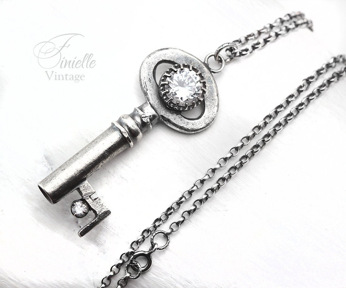 Unique Antique Victorian / Edwardian Key Necklace, Antique Silver Plated Pendant, Sterling Silver 18" Rolo Chain, Gothic Vintage Jewelry