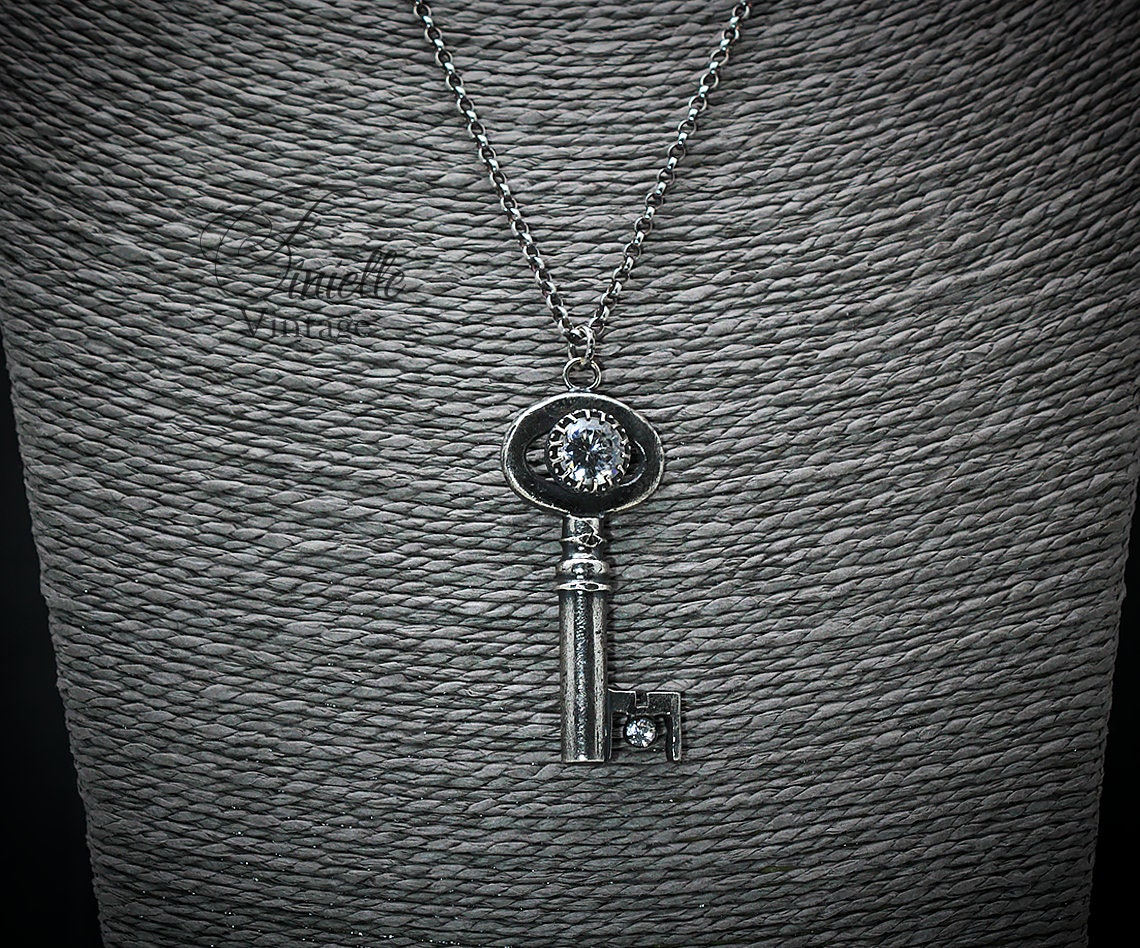 Unique Antique Victorian / Edwardian Key Necklace, Antique Silver Plated Pendant, Sterling Silver 18" Rolo Chain, Gothic Vintage Jewelry