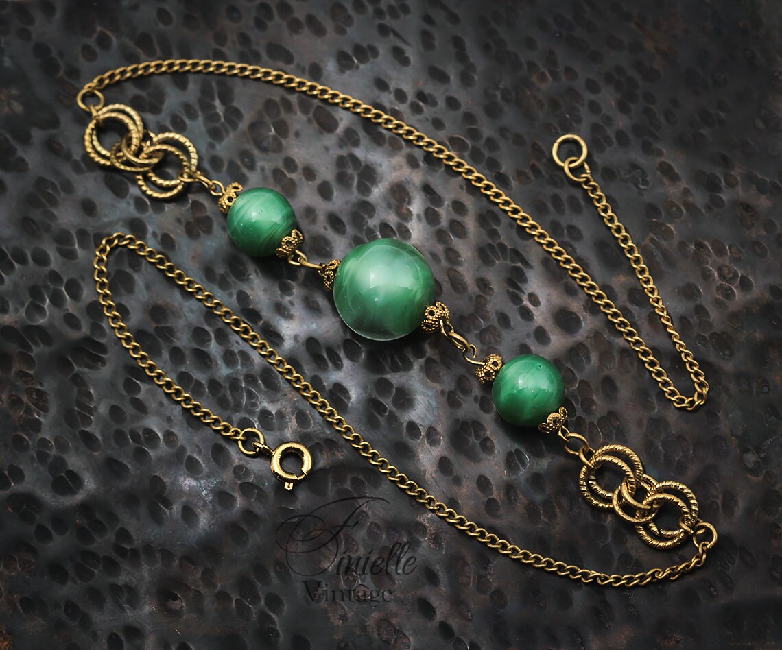 Vintage Art Deco 1930s, Gold Plated Glass Bead Necklace, Satin Green Bohemian Glass, Unique Jewelry, Jewellery, Gift for Woman