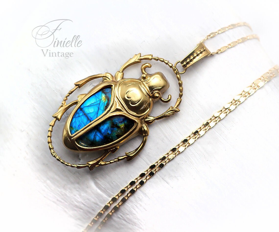 Art Deco Vintage style Egyptian Scarab Large Pendant Necklace, Antique 24k Yellow Gold Plated, Royal Blue Labradorite, Unique Gift