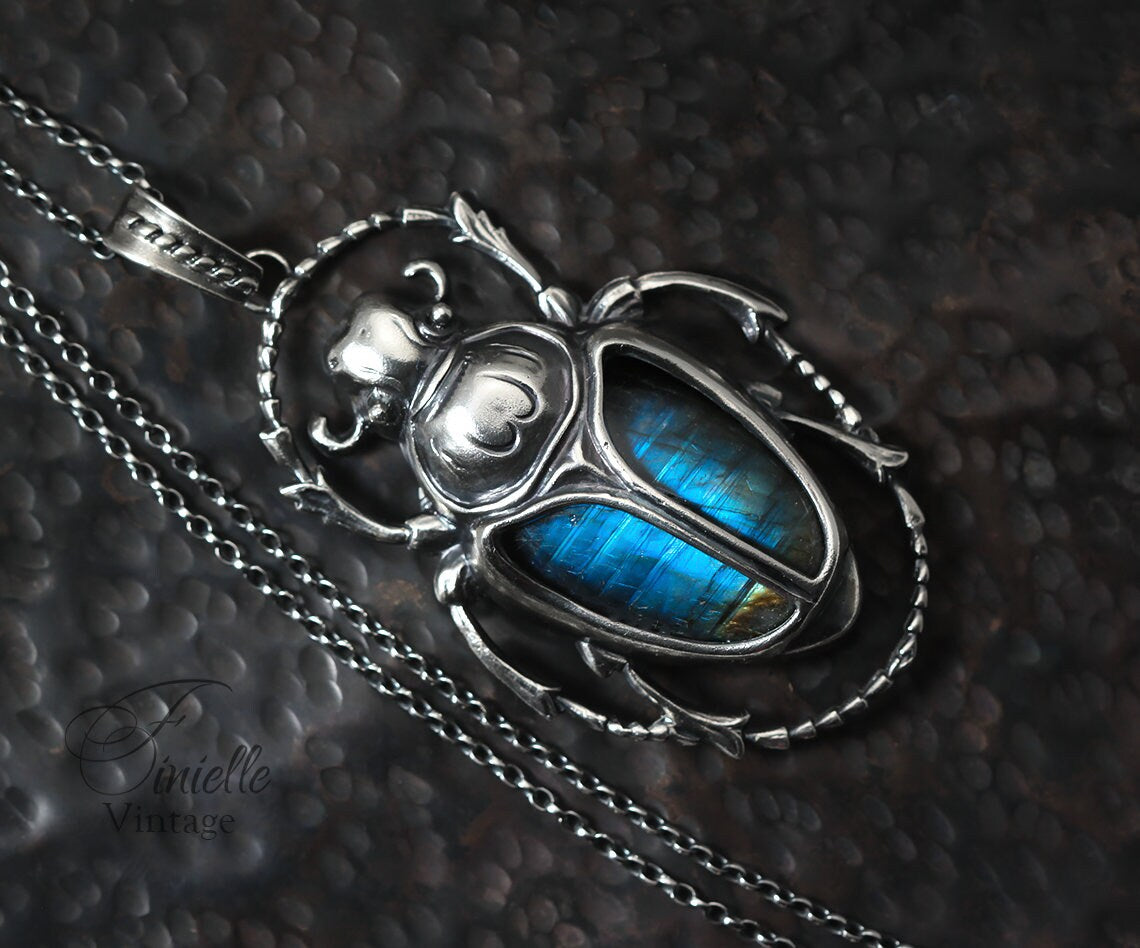 Art Deco Vintage style Egyptian Scarab Pendant Necklace, Antique Silver Plated, Royal Blue Labradorite, Sterling Silver Chain, Unique Gift