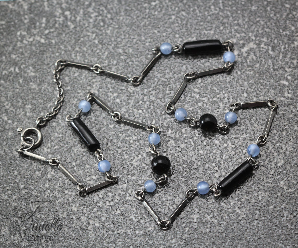 Vintage Art Deco Czech 1920-1930s Necklace, faux Blue & Black Onyx, Bohemian Glass Beads, Silver Plated, Unique Jewelry Jewellery