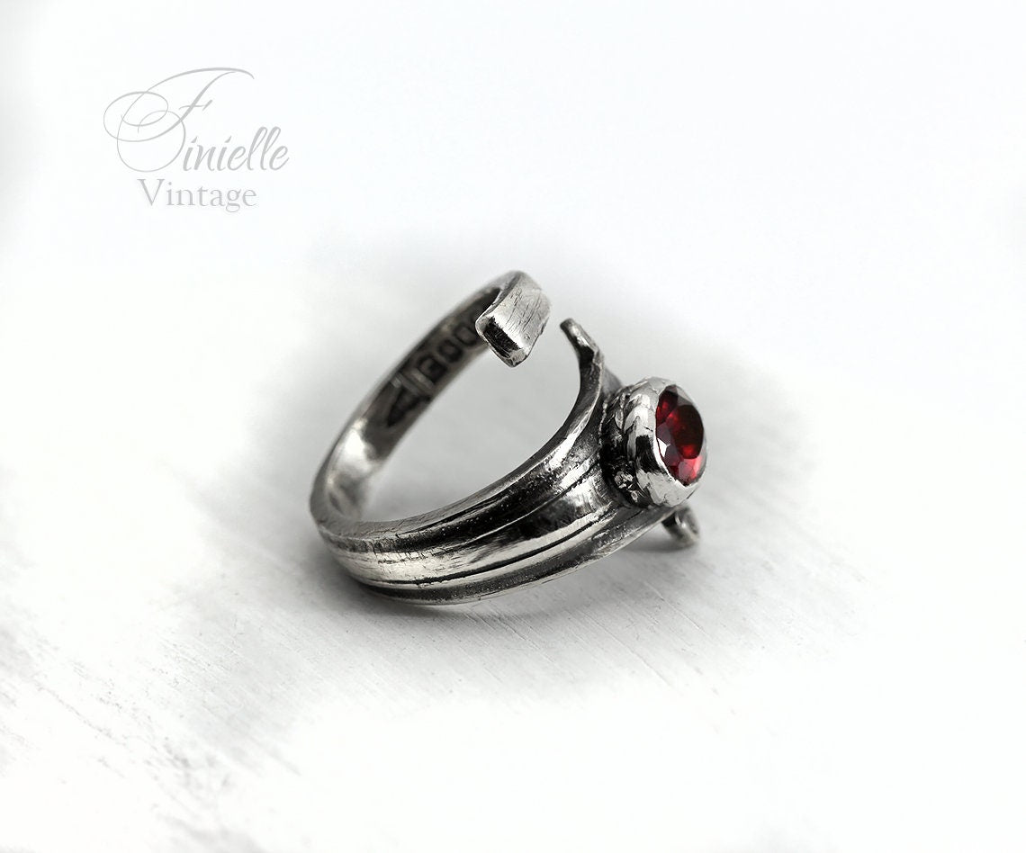 Vintage, Silver Plate Ornate Spoon Ring, Natural Mozambique Red Garnet, Antique Style Jewelry Jewellery, Handmade, Unique Gift for Women