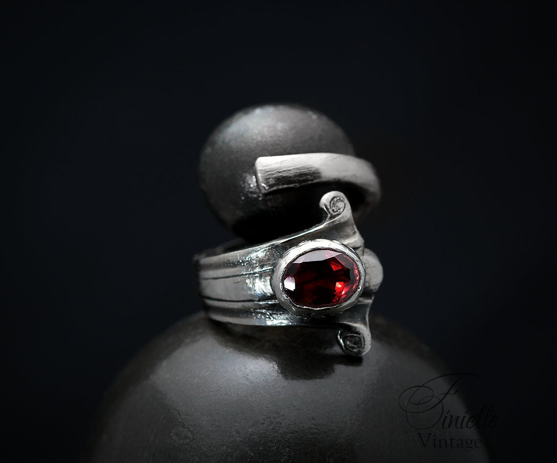 Vintage, Silver Plate Ornate Spoon Ring, Natural Mozambique Red Garnet, Antique Style Jewelry Jewellery, Handmade, Unique Gift for Women