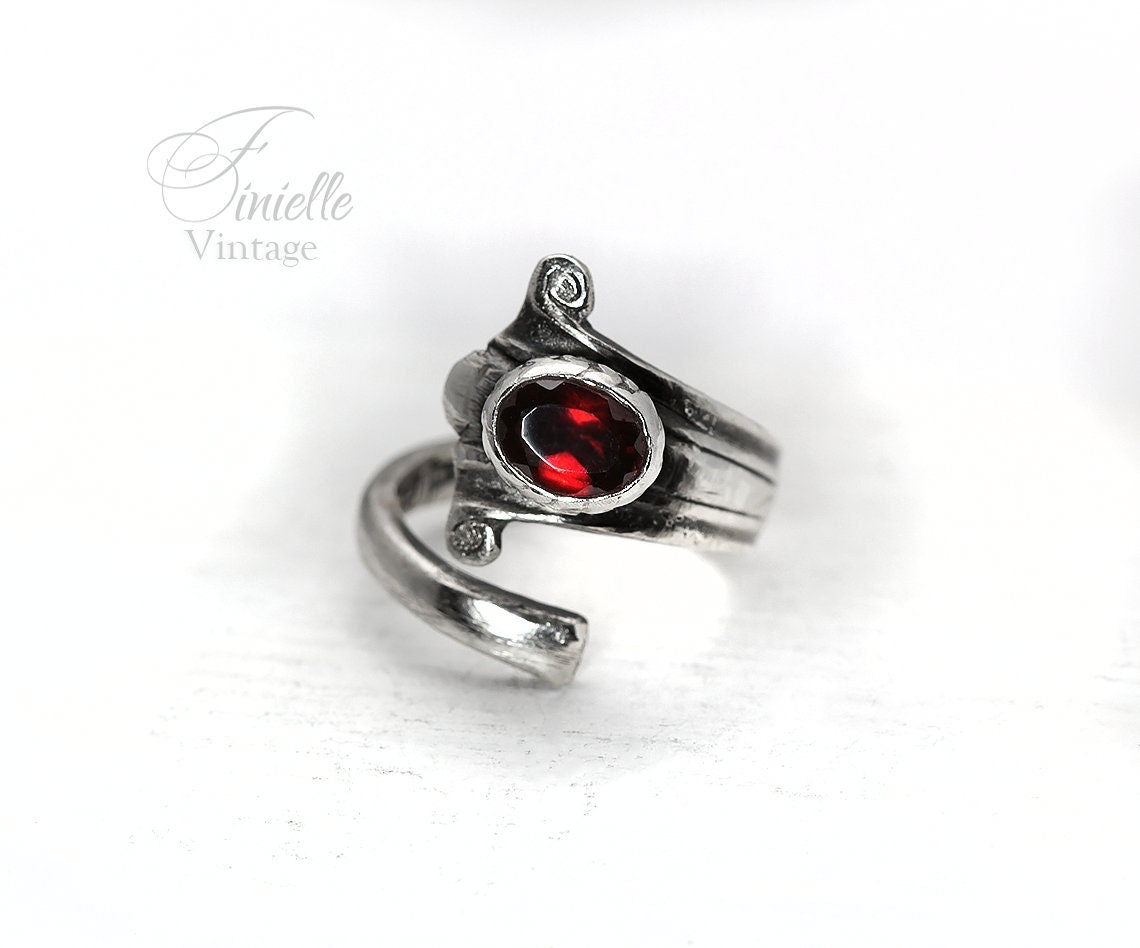 Vintage, Silver Plate Ornate Spoon Ring, Natural Mozambique Red Garnet, Antique Style Jewelry Jewellery, Handmade, Unique Gift for Women