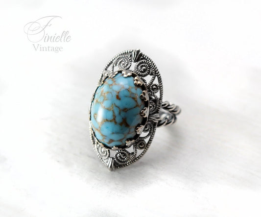 Vintage c1920-1930 Czech Art Deco Filigree Wire Wrap Adjustable Ring, Silver Plated, Bohemian Glass Turquoise, Jewelry Jewellery Unique Gift