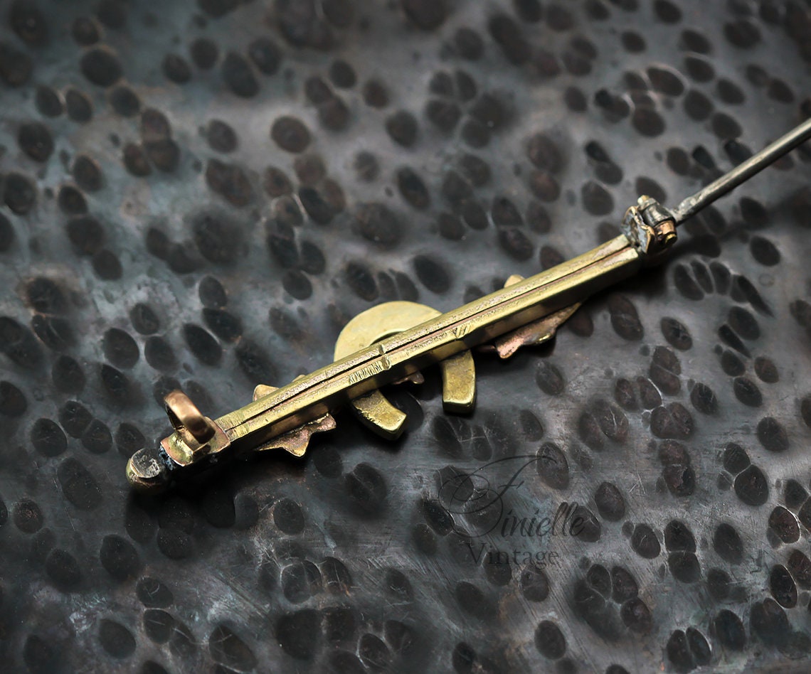 Victorian 1837-1901 Floral Lucky Horse Shoe Bar Brooch, Sterling Silver and 9ct Gold, Unique Antique Vintage Jewelry Jewellery