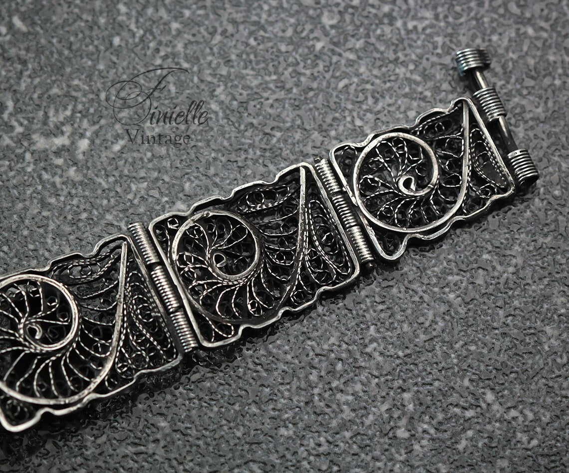 RARE Original Egyptian, Vintage 1930s Panel Filigree Bracelet, Silver .800 Hallmark Alexandria, Unique Gift Antique Jewelry Jewellery