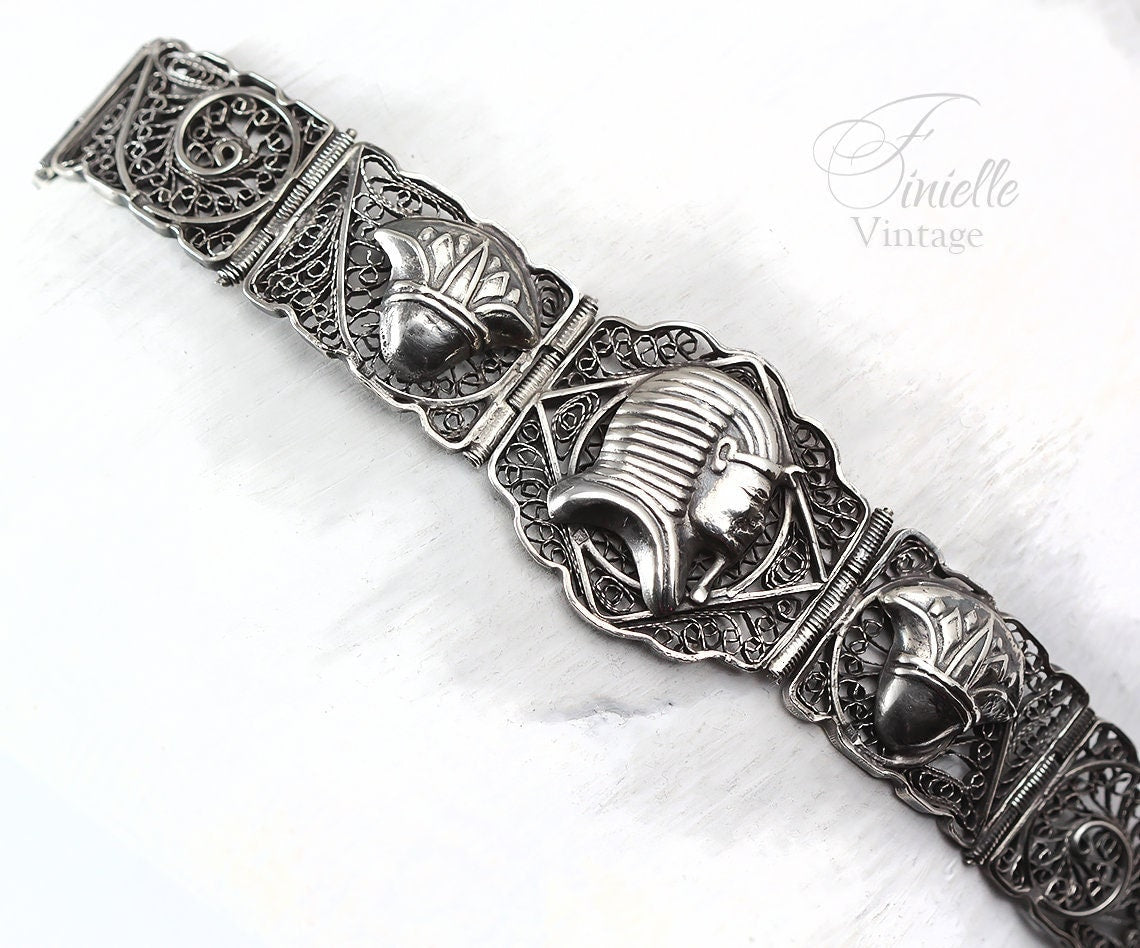 RARE Original Egyptian, Vintage 1930s Panel Filigree Bracelet, Silver .800 Hallmark Alexandria, Unique Gift Antique Jewelry Jewellery