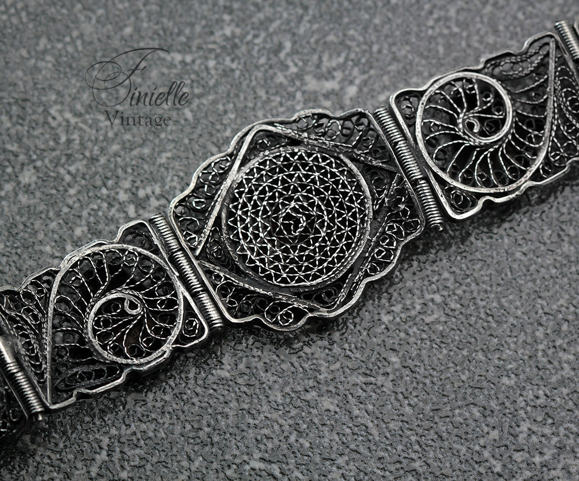 RARE Original Egyptian, Vintage 1930s Panel Filigree Bracelet, Silver .800 Hallmark Alexandria, Unique Gift Antique Jewelry Jewellery