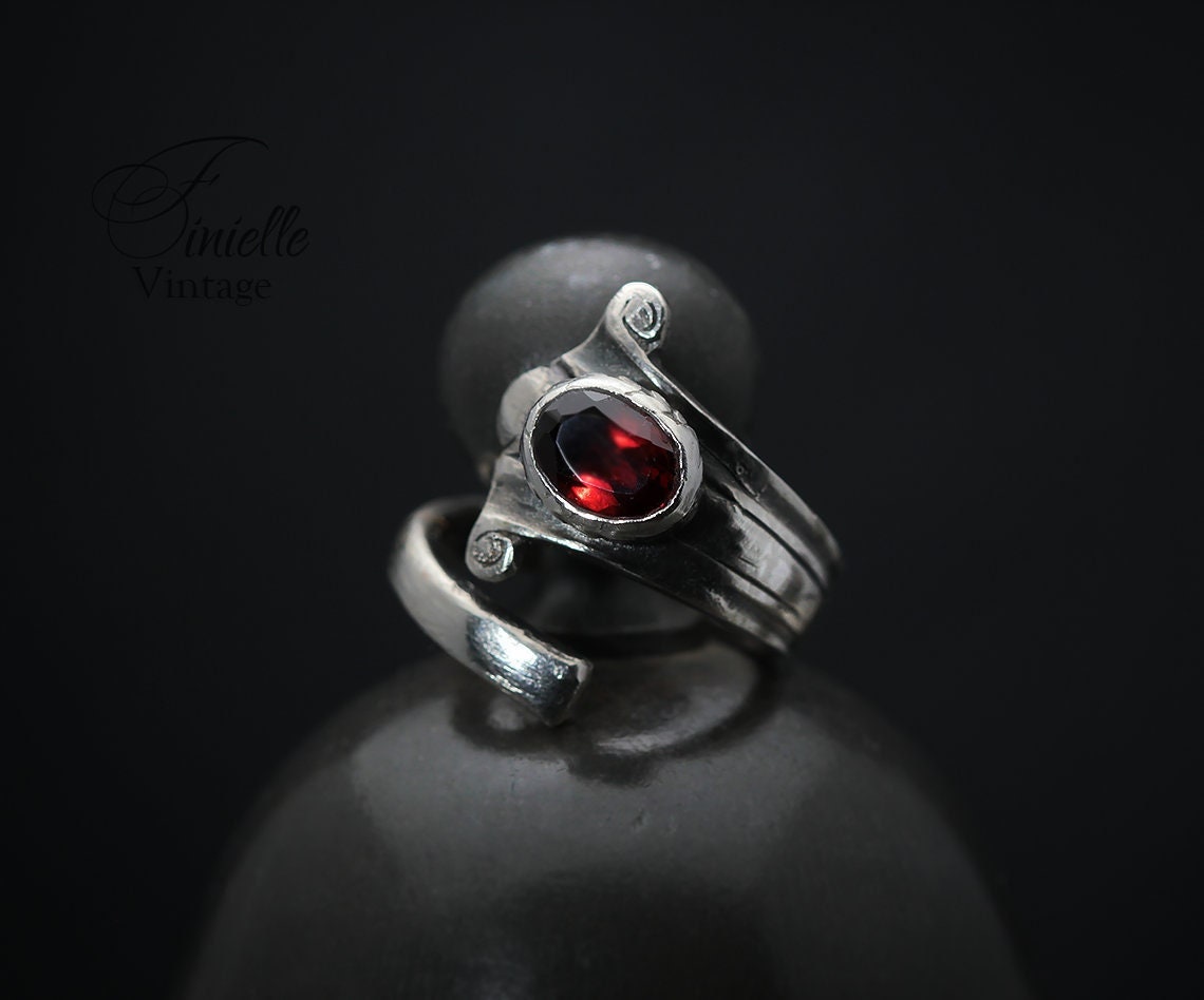 Vintage, Silver Plate Ornate Spoon Ring, Natural Mozambique Red Garnet, Antique Style Jewelry Jewellery, Handmade, Unique Gift for Women