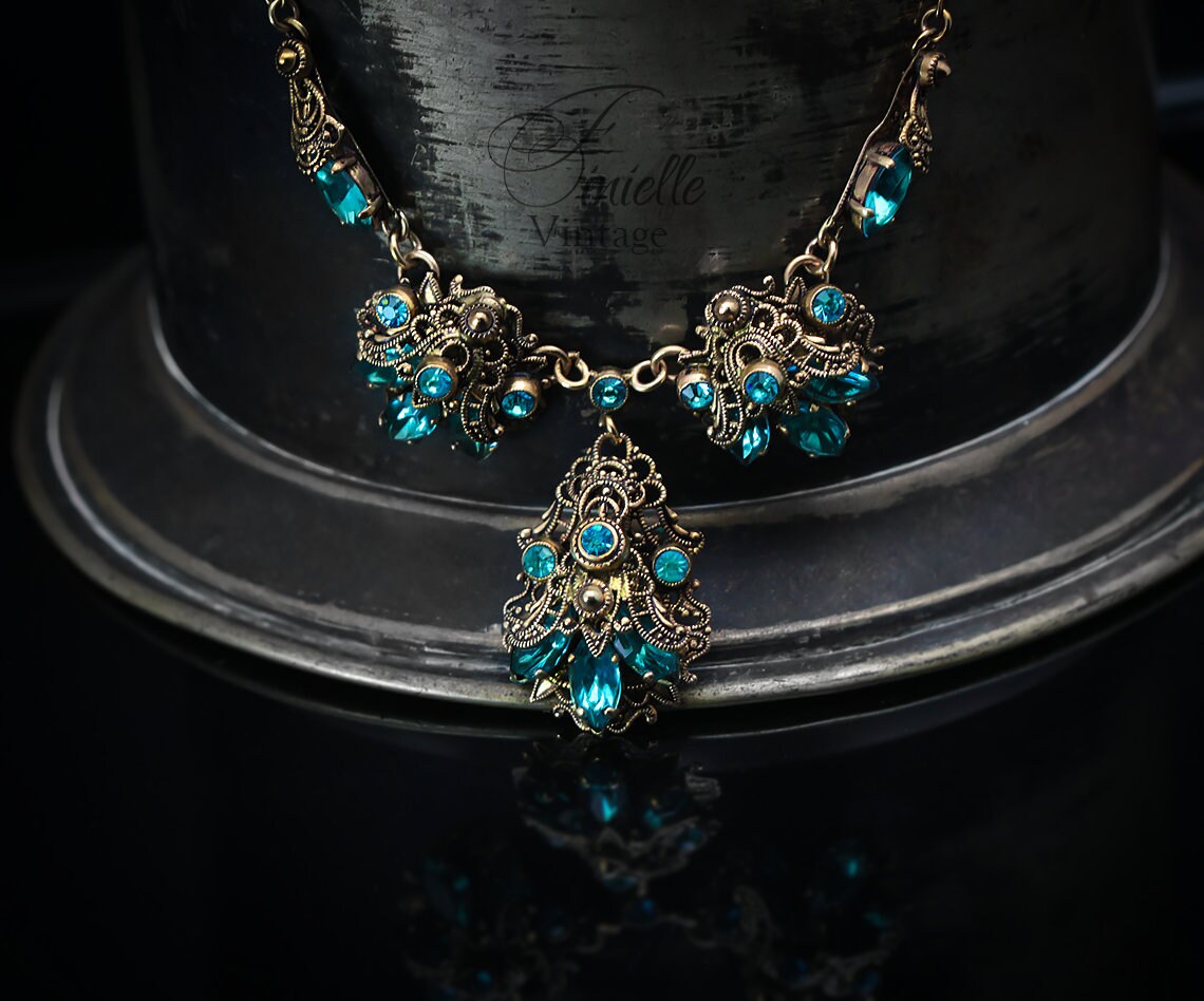 Vintage Art Deco 1920s 1930s, Czech Craftsmanship Bohemian Filigree Necklace, Aquamarine Crystal Rhinestones, Gilded, Unique Jewelry Gift