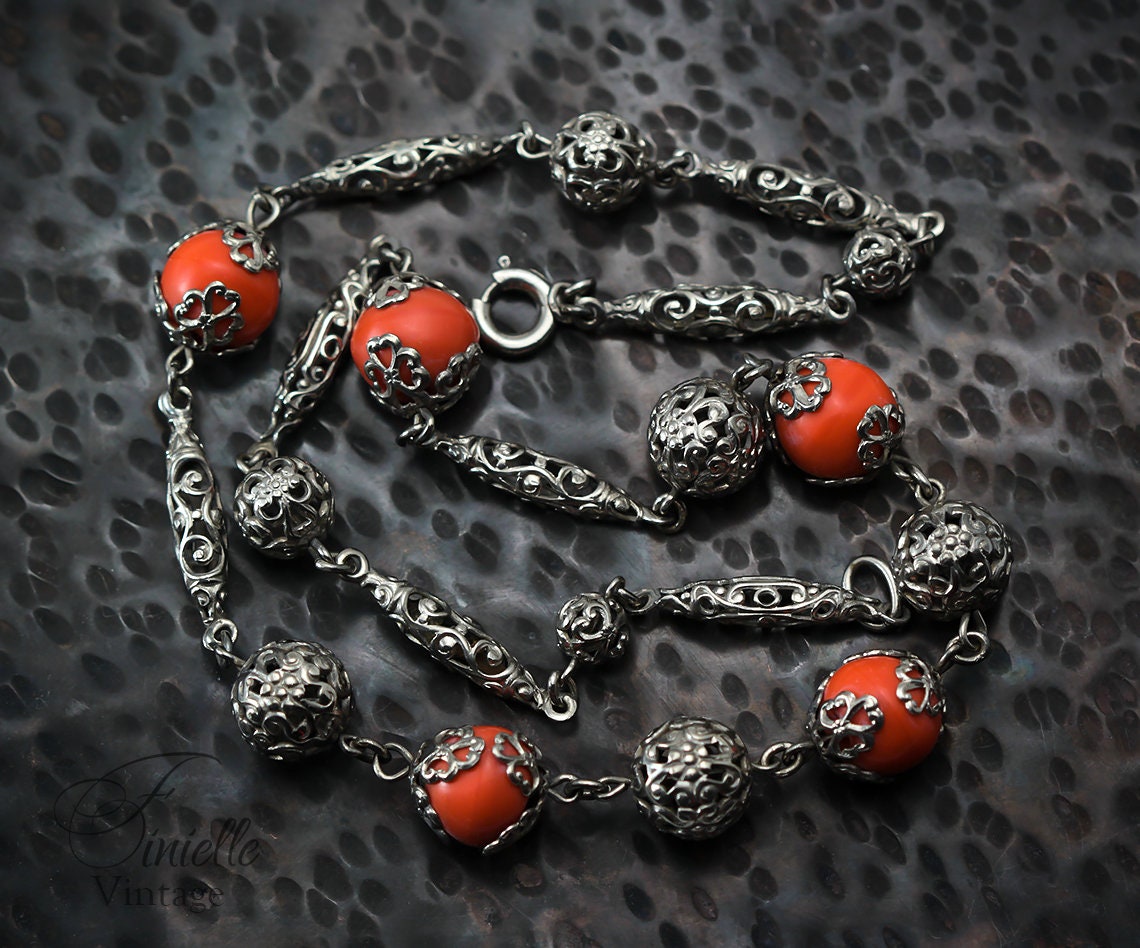 Vintage Art Deco 1930s, Antique Czech Bohemian Orange Coral Glass Beaded Filigree Necklace, Silver Plated, Unique Gift Jewelry Jewellery