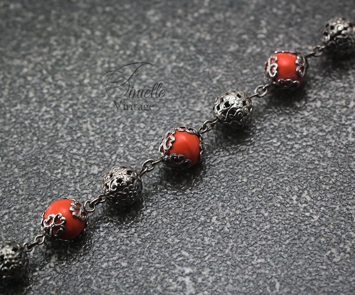 Vintage Art Deco 1930s, Antique Czech Bohemian Orange Coral Glass Beaded Filigree Necklace, Silver Plated, Unique Gift Jewelry Jewellery